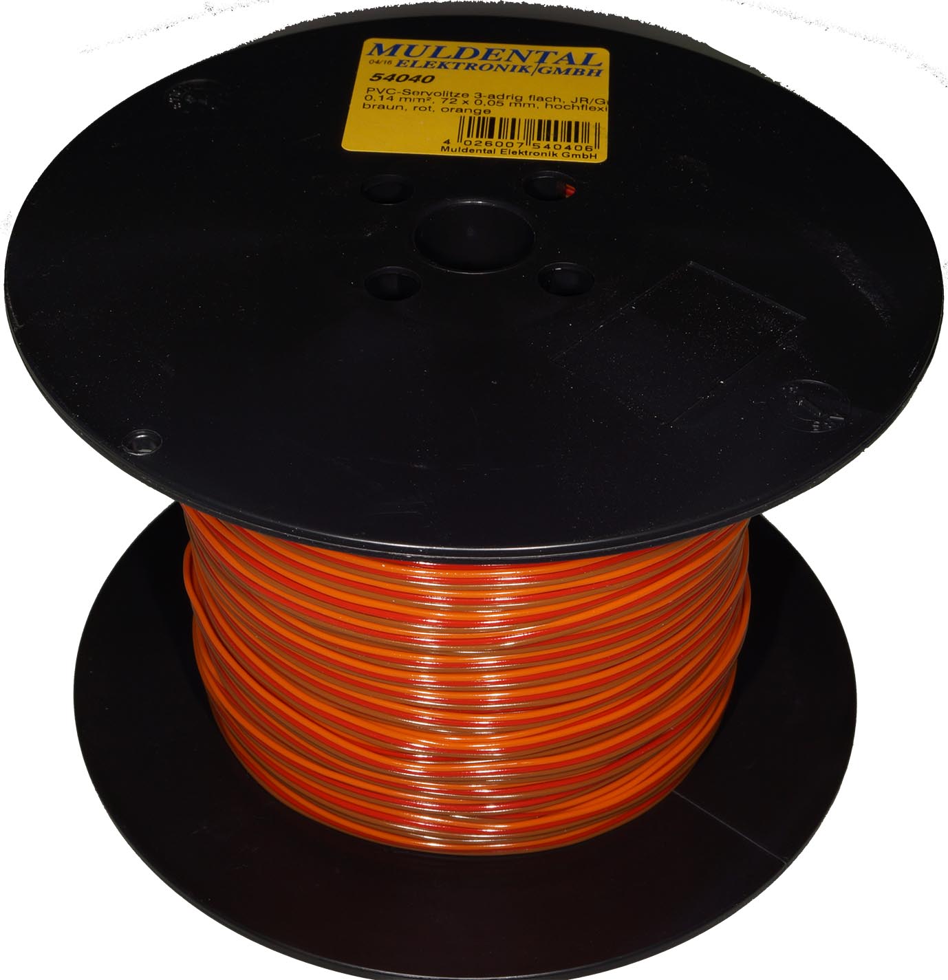 PVC-Servolitze 3-adrig flach, JR/Graupner|
0,14 mm², 72 x 0,05 mm, hochflexibel
500 m, 1,1 x 3,9 mm, braun, rot, orange
- Made in Germany -
max.: 48 V, 3 A