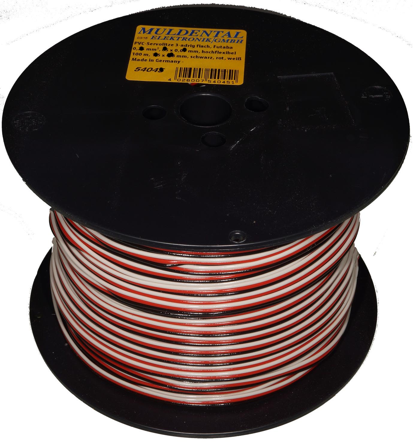 PVC-Servolitze 3-adrig flach, Futaba|
0,14 mm², 72 x 0,05 mm, hochflexibel
500 m, 1,1 x 3,9 mm, schwarz, rot, weiß
- Made in Germany -
max.: 48 V, 3 A