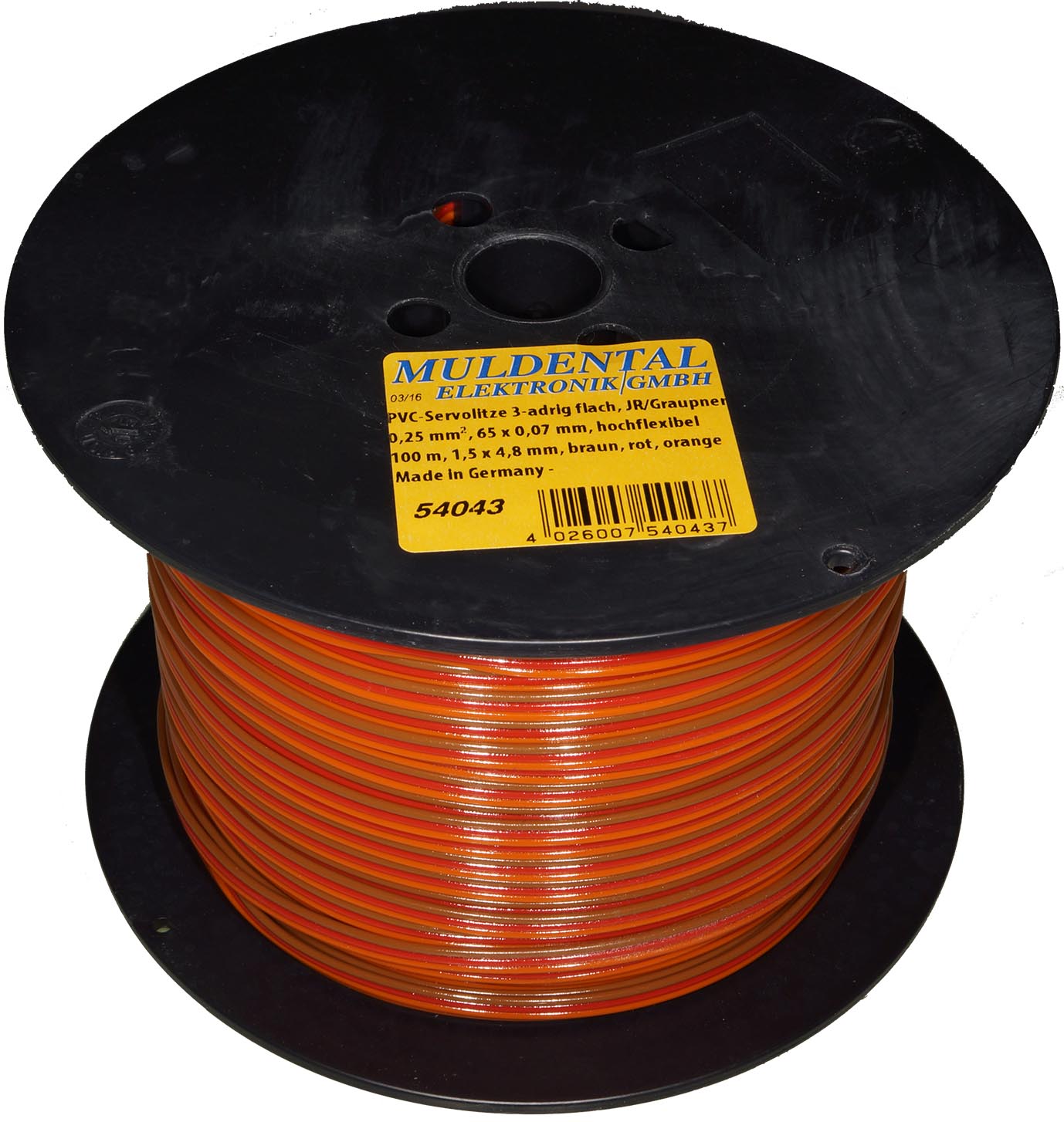 PVC-Servolitze 3-adrig flach, JR/Graupner|
0,25 mm², 65 x 0,07 mm, hochflexibel
500 m, 1,5 x 4,8 mm, braun, rot, orange
- Made in Germany -
max.: 48 V, 5 A