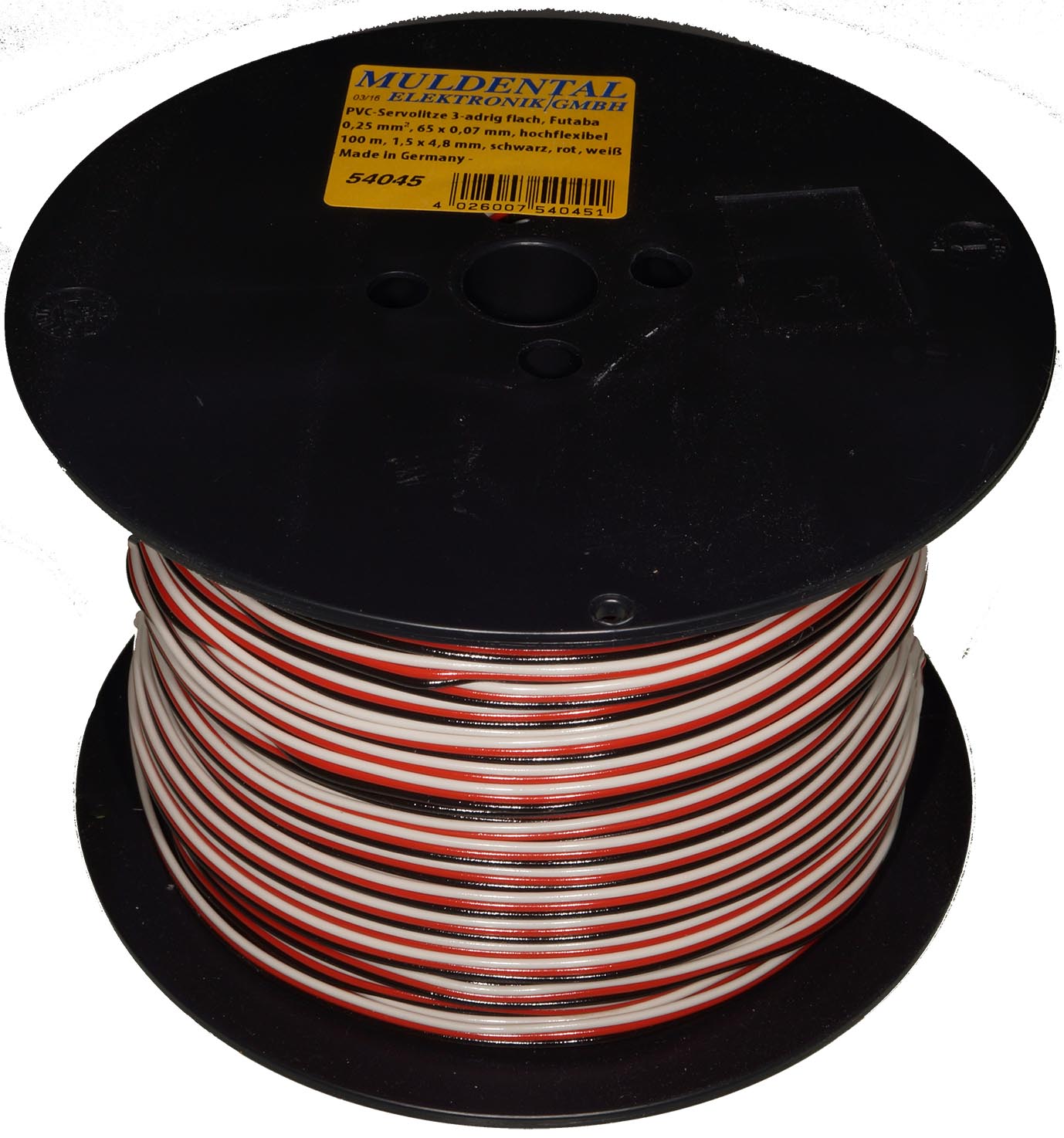 PVC-Servolitze 3-adrig flach, Futaba|
0,25 mm², 65 x 0,07 mm, hochflexibel
500m, 1,5 x 4,8 mm, schwarz, rot, weiß
- Made in Germany -
max.: 48 V, 5 A
